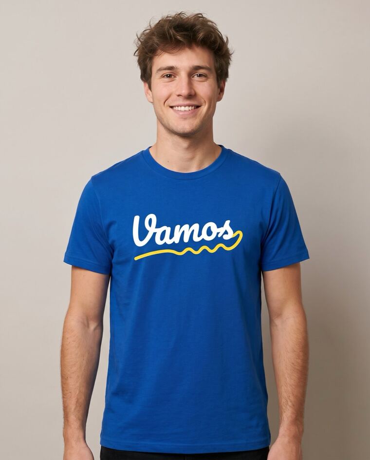 T-shirt bleu, lettrage Vamos