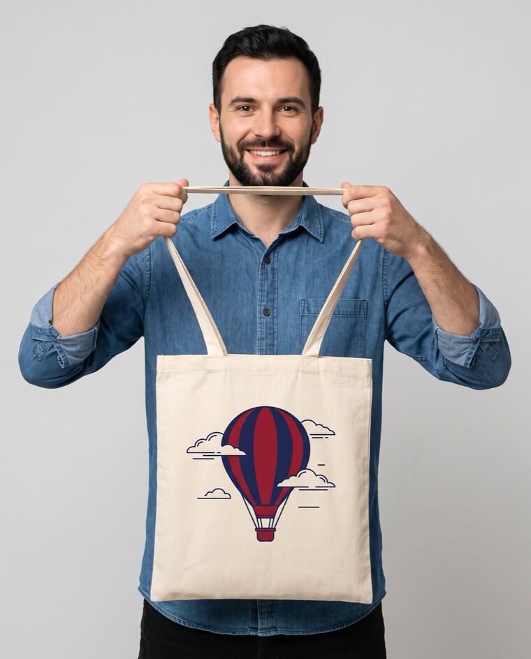 Tote bag en coton naturel, montgolfière imprimée